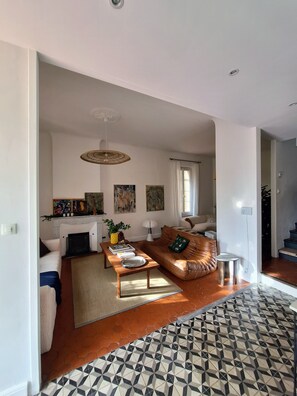 TV connectée, cheminée, lecteur de DVD, livres