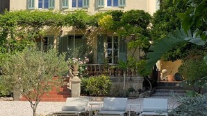 Une maison à deux étages dotée d’une piscine, d’un espace extérieur aménagé et d’une végétation luxuriante.