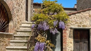 A stone building with a staircase, a wooden door, and a wrought iron gate. - Private Hilltop Villa with Sea Views in the Heart of Maremma, Tuscany (Scansano)