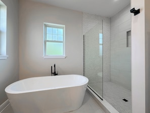 Shower, towels, soap, toilet paper