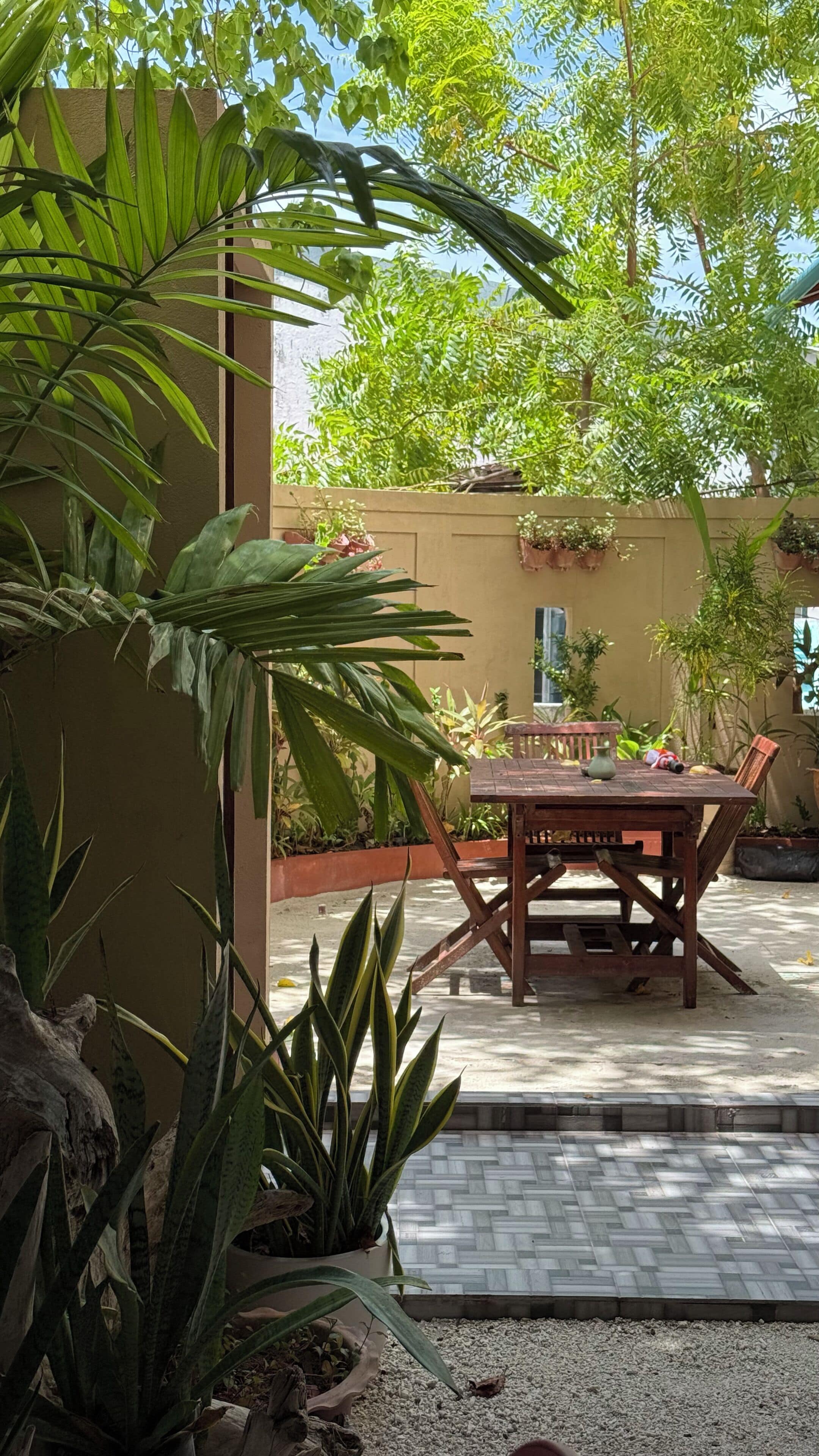 Un patio con mesa y sillas de madera, rodeado de plantas en macetas y un piso de baldosas.
