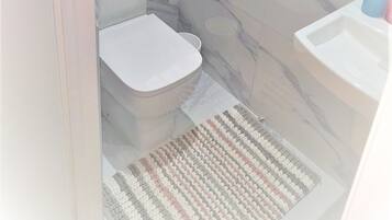 Hair dryer, towels, soap, toilet paper