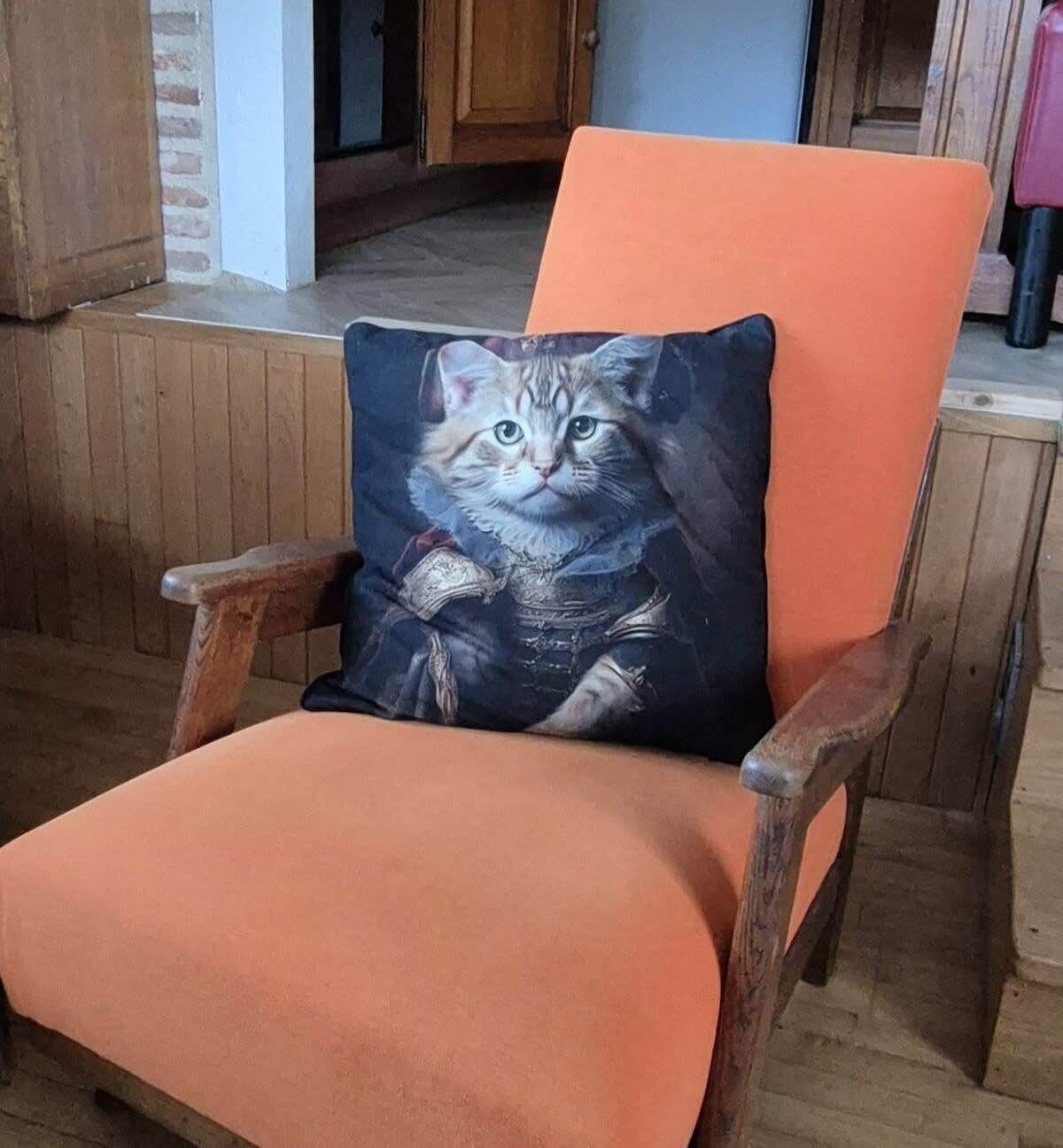 Een stoel met een oranje kussen en een sierkussen waarop een kat in militaire uniform staat afgebeeld.