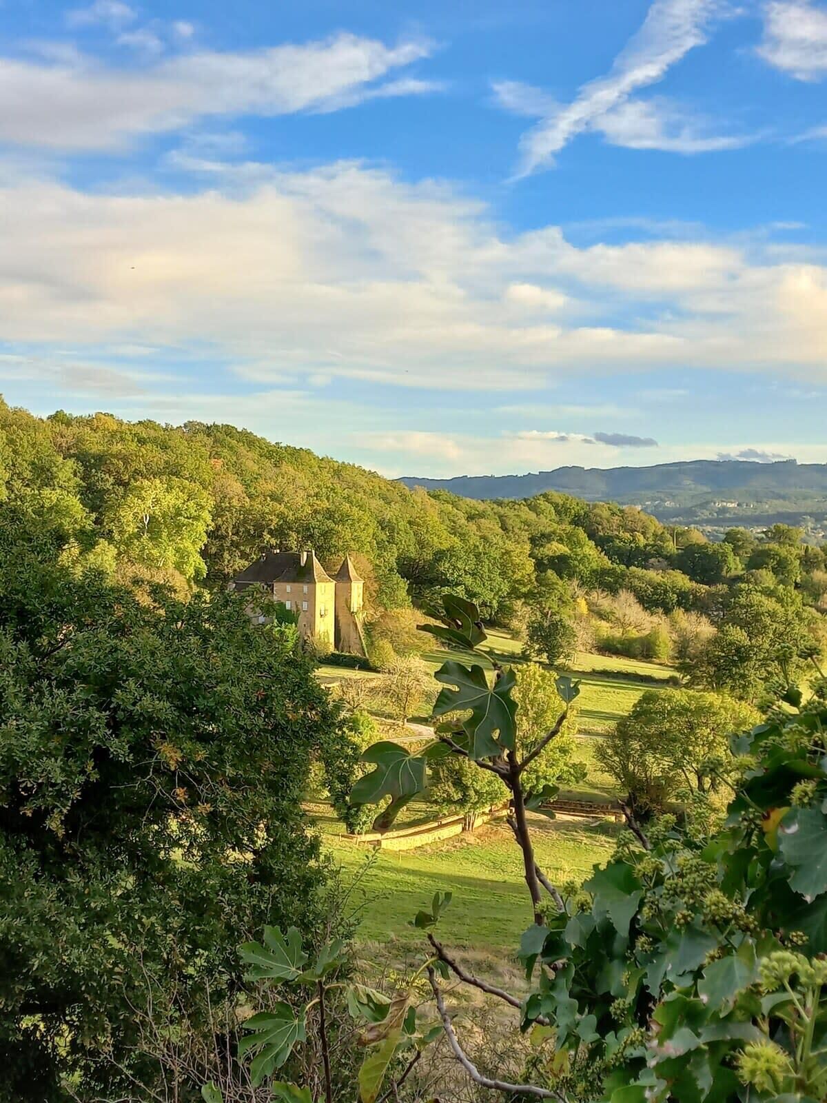 Eine Burg, umgeben von üppigem Grün und sanften Hügeln.