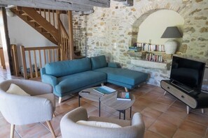 TV, fireplace, books