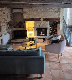 TV, fireplace, books