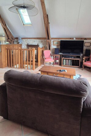 Televisio, pöytätennispöytä, kirjoja, stereot