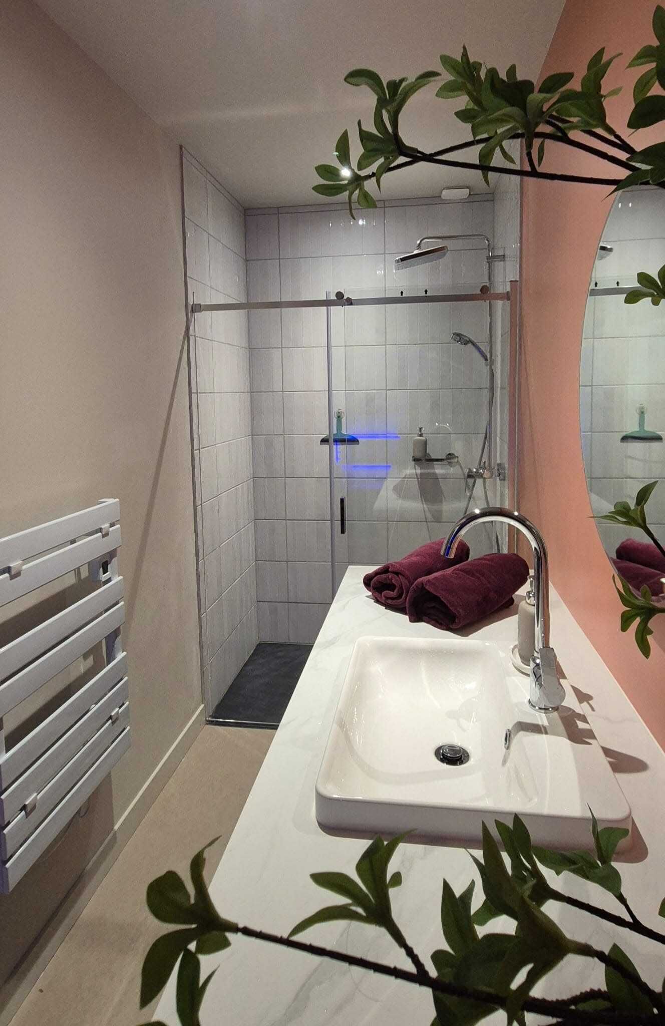 Une salle de bain moderne avec une douche à l’italienne, un lavabo blanc et un porte-serviettes.