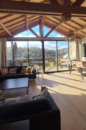 TV, fireplace, books