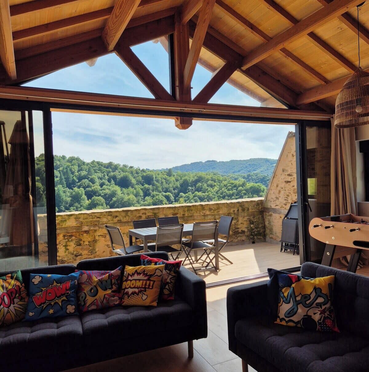 TV, fireplace, books