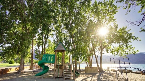 Un parque infantil con tobogán y estructuras para escalar, rodeado de árboles y vista a un lago.