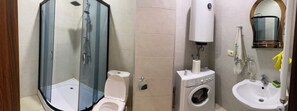 Shower, towels, toilet paper
