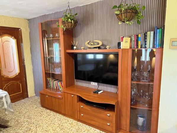 Een houten entertainmentkast met een flatscreentelevisie, boekenkasten met glazen deurtjes en hangende planten.