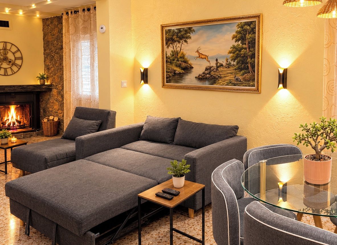 A cozy living room with a fireplace, a sectional sofa, a glass coffee table, and a painting of a deer.
