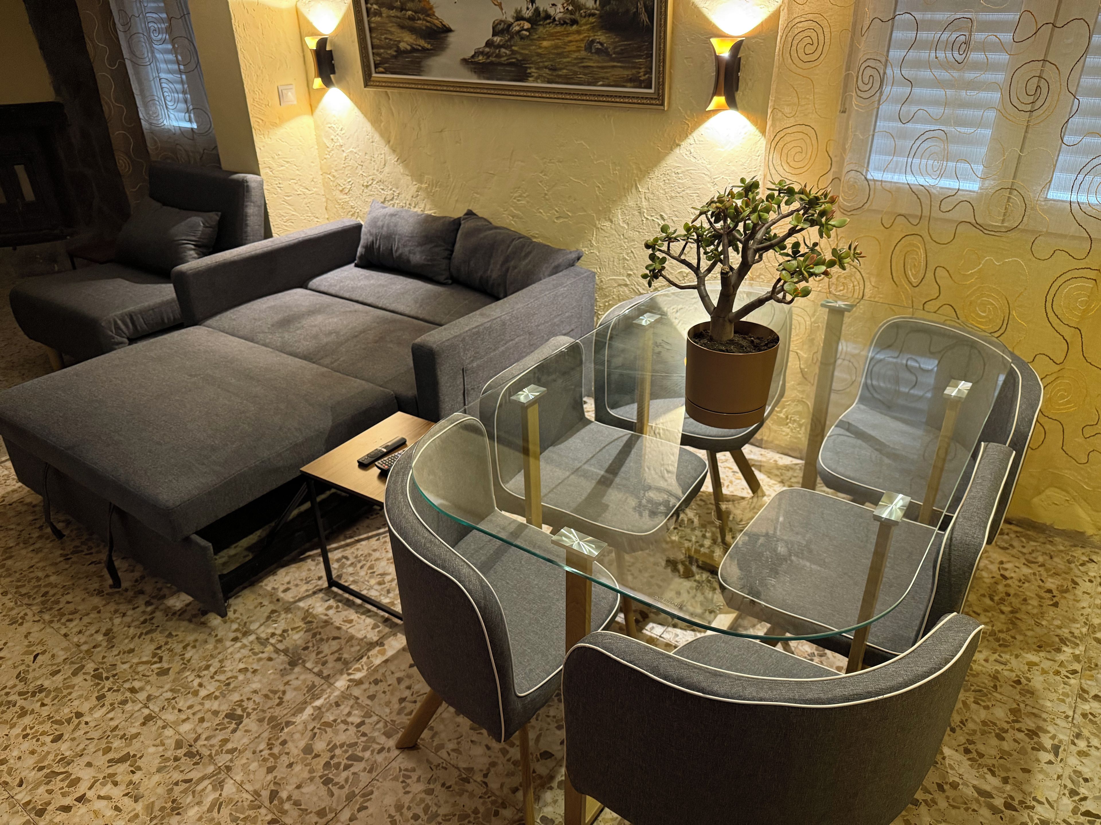 A modern living room with a grey sofa, a glass coffee table, and a potted plant.