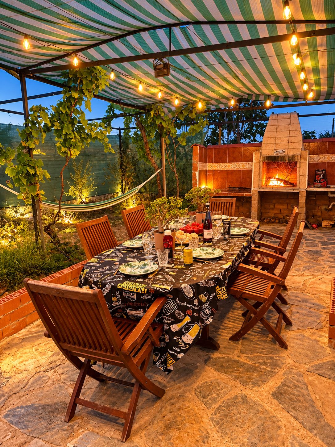 An outdoor dining area with a table set for six, surrounded by wooden chairs, under a striped canopy with hanging lights.