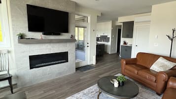 Smart TV, fireplace, books