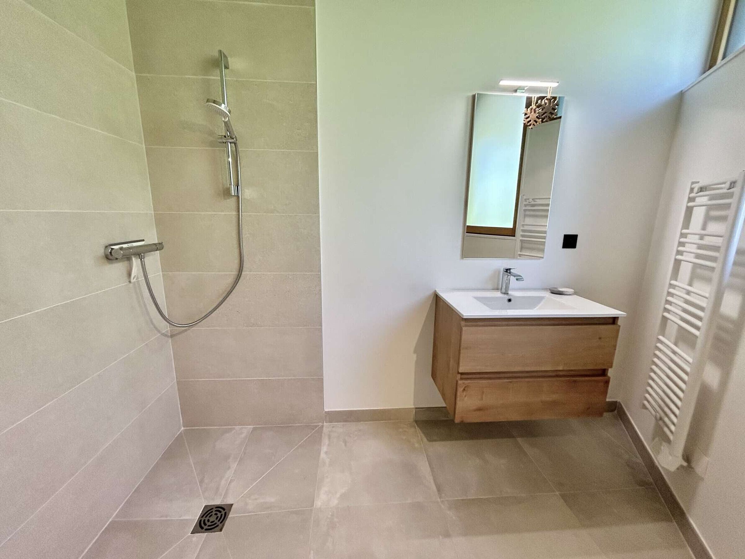 A modern bathroom with a shower, a sink, and a mirror.