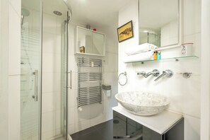 Shower, hair dryer, towels