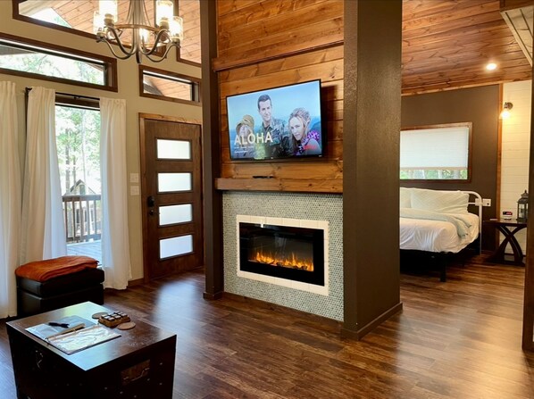 Smart TV, fireplace, books