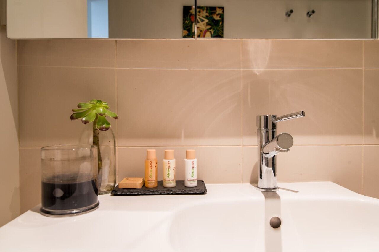 Ein Badezimmer mit einem weißen Waschbecken, einem Glas Wasser, einer Vase mit einer Sukkulente und drei Flaschen Körperlotion.