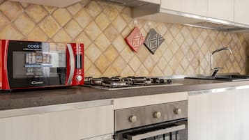 Frigorífico, microondas, horno y placa de cocina