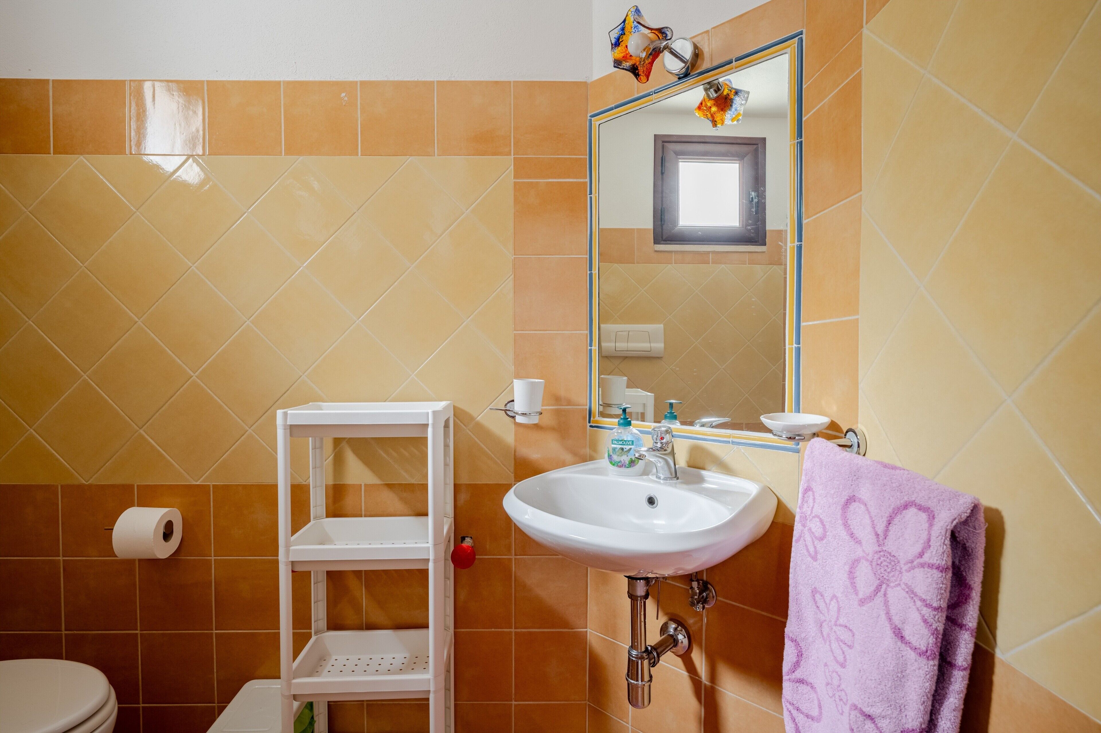 A bathroom with a white sink, a mirror, a toilet, and a shelf with toiletries.