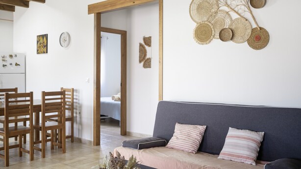 Ein Wohnzimmer mit Sofa, Stühlen, einem Esstisch und einer Küchenzeile.