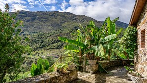 Un patio de piedra con plantas en macetas y vistas a un paisaje montañoso.