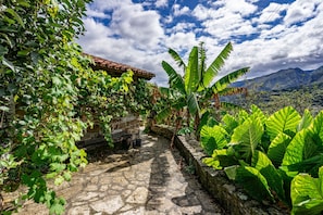 Un sentier de pierres mène à un bâtiment rustique doté d’un toit en tuiles, entouré d’une végétation luxuriante et adossé à un paysage montagneux.