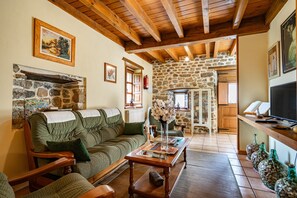 Un soggiorno accogliente con camino in pietra, travi in legno, un divano verde e un tavolino.