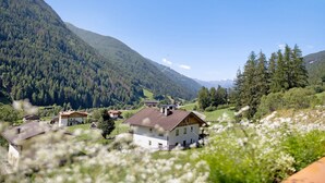 A rural house with a sloped roof, surrounded by a lush green valley and forested mountains.