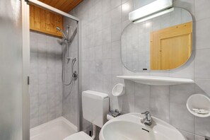 A bathroom with a shower, toilet, sink, and mirror. - Room 'Pension Waldheim  7' with Mountain View, Shared Garden and Wi-Fi (Ahrntal)