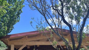 Eine rustikale Holzhütte mit einer Veranda und einer Tür zum Innenraum.