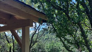 Eine Holz-Pergola inmitten einer natürlichen Umgebung mit Bäumen und Gras.