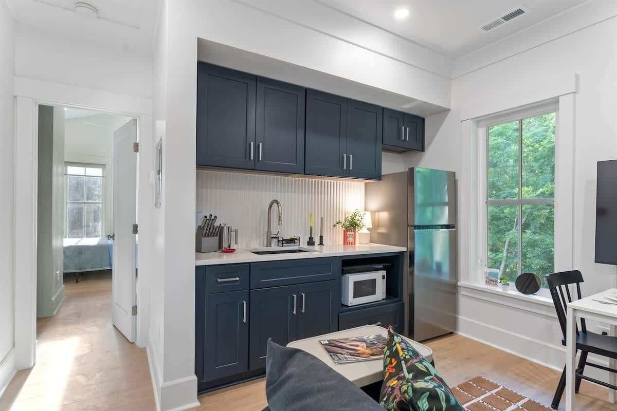 Fridge, microwave, cookware/dishes/utensils