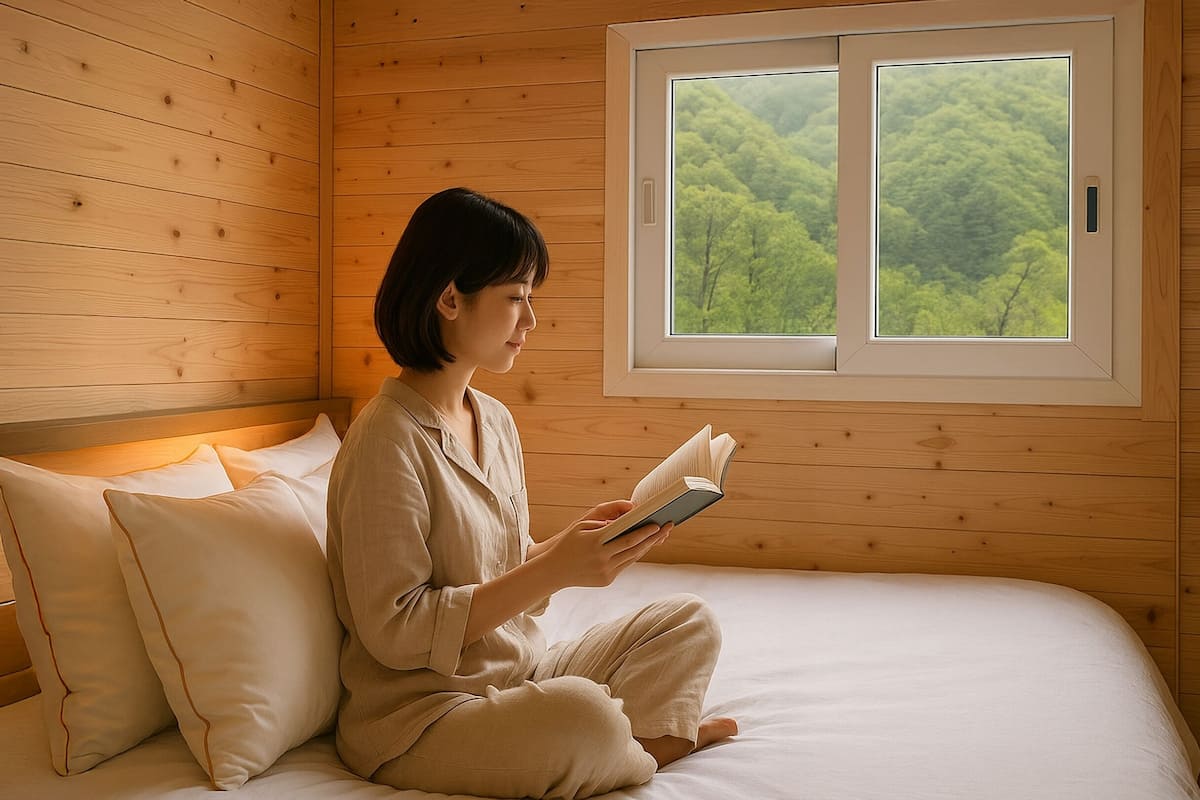 Eine Person sitzt auf einem Bett in einem Zimmer mit Holzwänden und einem Fenster mit Blick auf einen Wald.