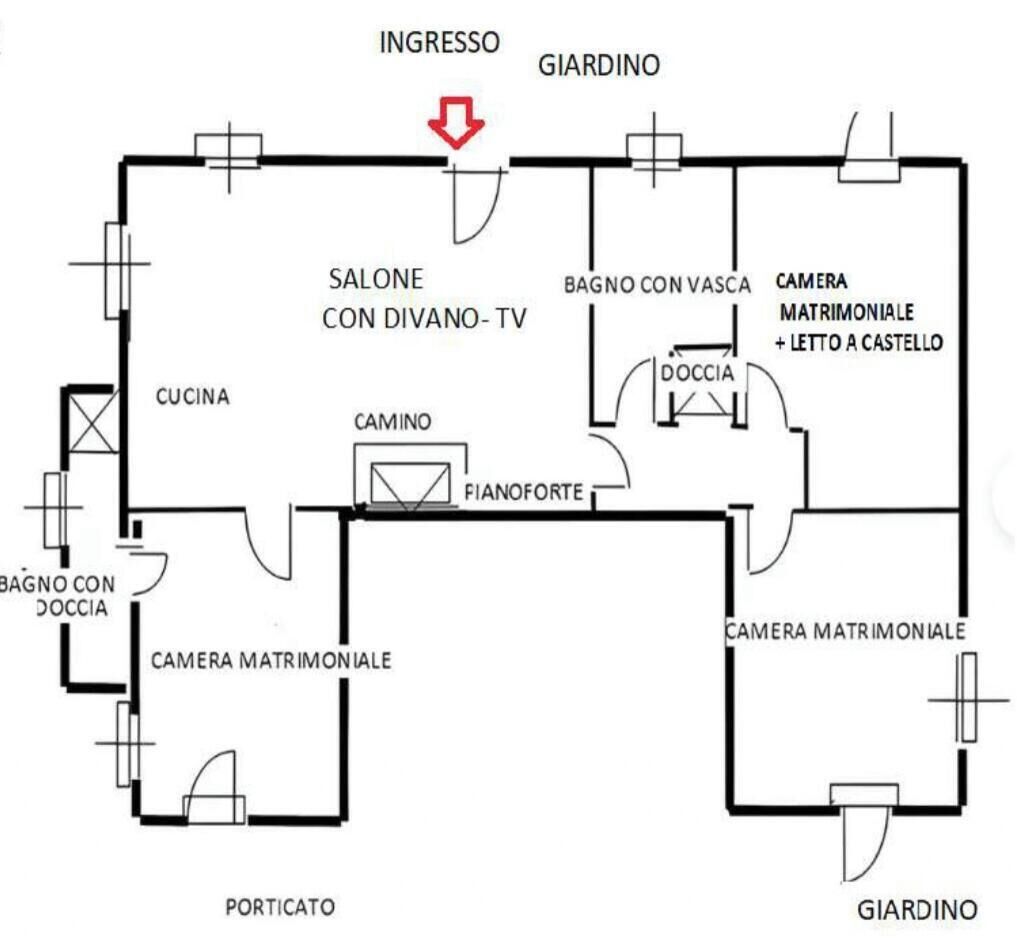 Ein Grundriss eines Hotels mit Küche, Essbereich und mehreren Schlafzimmern.