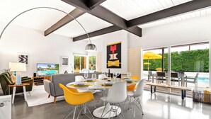 A modern dining area with a pool view, featuring a large table set for dining, bright yellow chairs, and a contemporary ceiling design. - The Butterfly Alexander  – Stylish Mid-Century Home with Pool, Spa, Views & Fire Pit (Palm Springs)