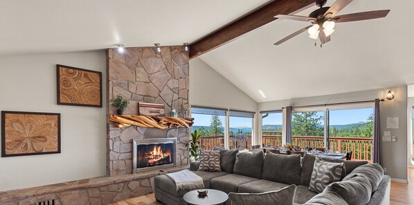 Smart TV, fireplace, foosball, books