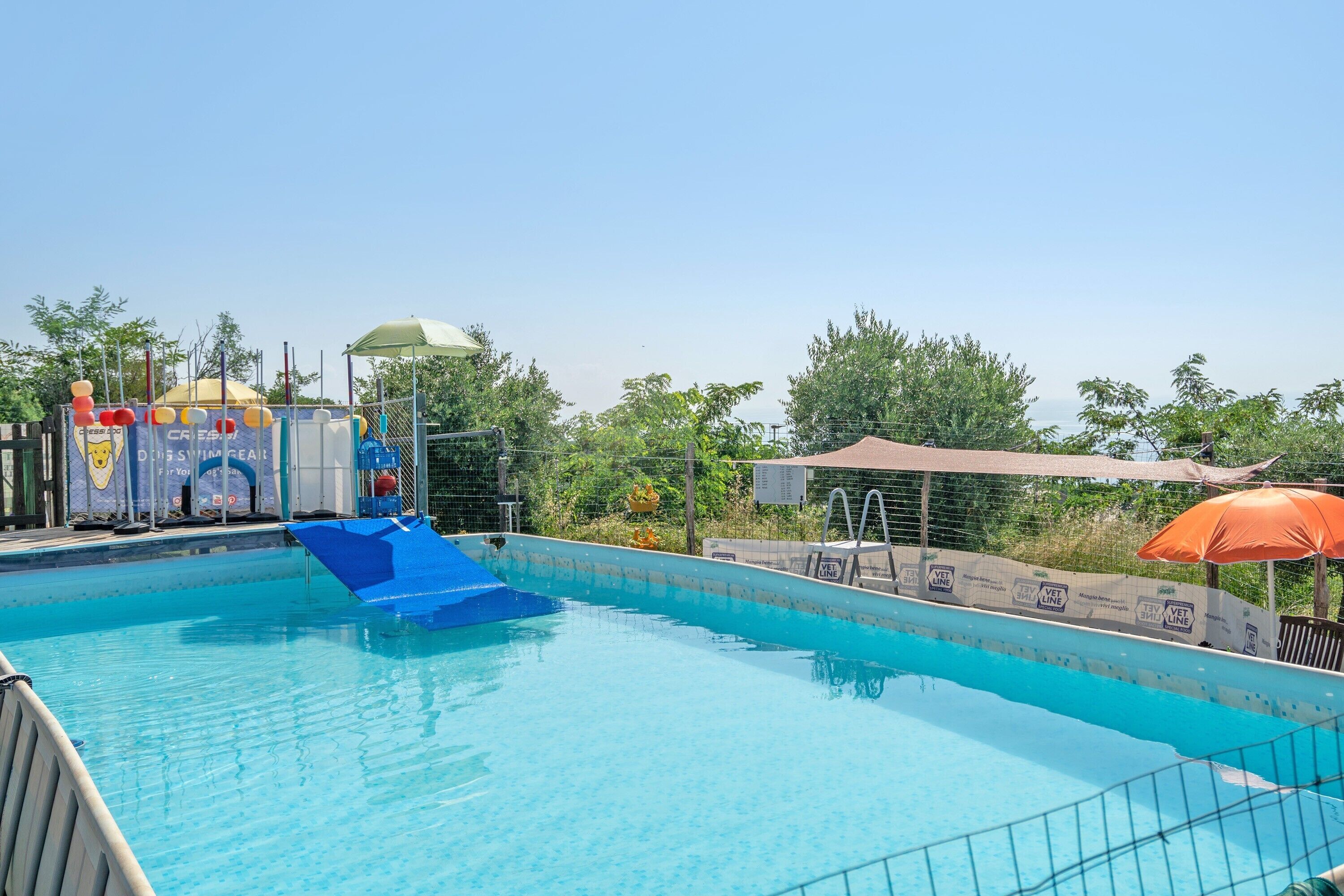 A swimming pool with a diving board, a water slide, and a lifeguard stand.