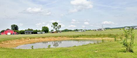 A rural landscape with a pond, green fields, and several buildings including a red barn and a white house.