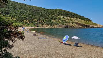Une plage de galets avec des parasols, un ciel dégagé et une colline en arrière-plan.