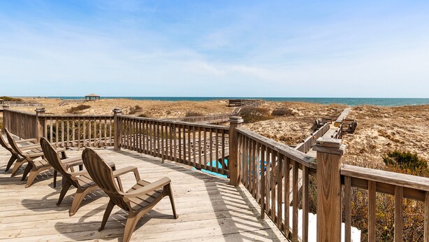 A wooden deck with chairs overlooking a beach. - OCEANFRONT, wild horses, private pool, hot tub-4x2275, Over at Carova (Carova Beach)