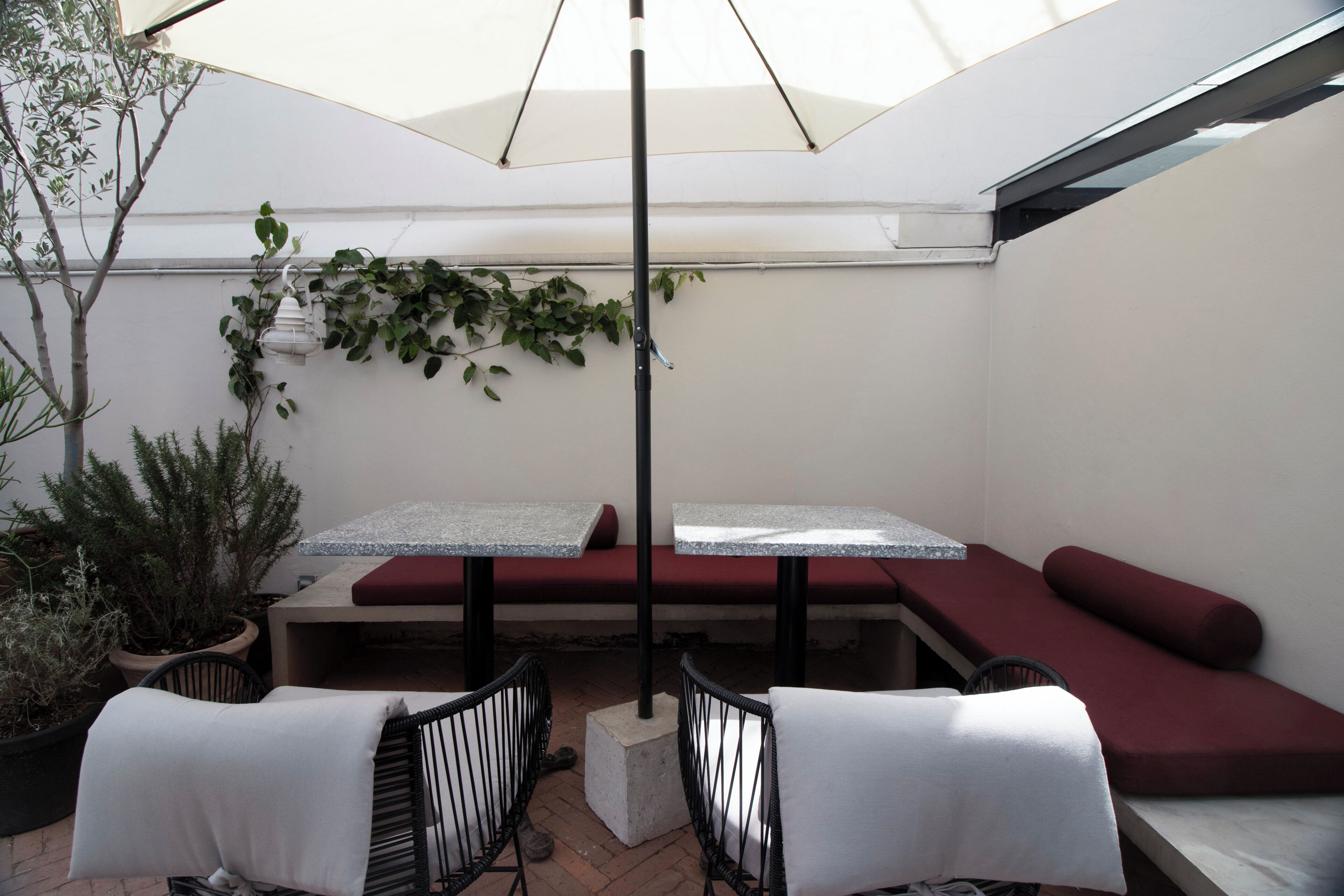 An outdoor patio with a table and chairs, a bench, and a potted plant.