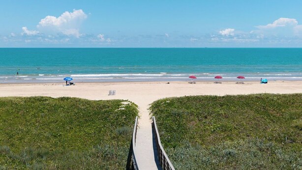 A beach with a wooden walkway leading to the shore, surrounded by greenery. - 2-Bedroom Beachfront Comfort w/ Heated Pool! (South Padre Island)