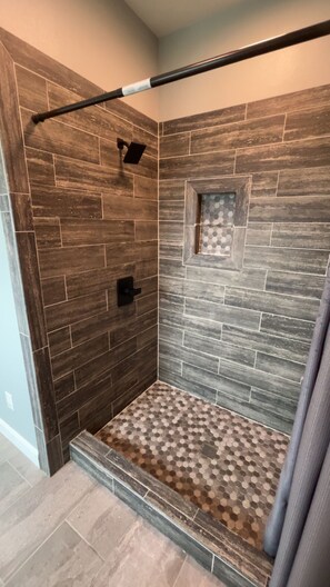 Hair dryer, towels, soap, shampoo