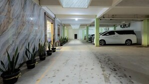 A parking garage with a marble wall, potted plants, and a white car parked in the distance.