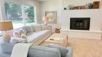 Smart TV, fireplace, books