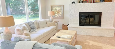 Smart TV, fireplace, books